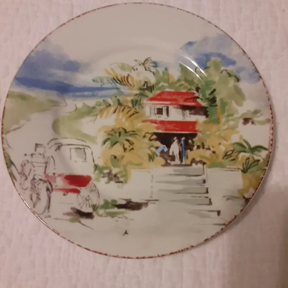 Pier 1 Destination Plates x4 Plus Hangers Travel Decorative Vibrant 7.5x7.5